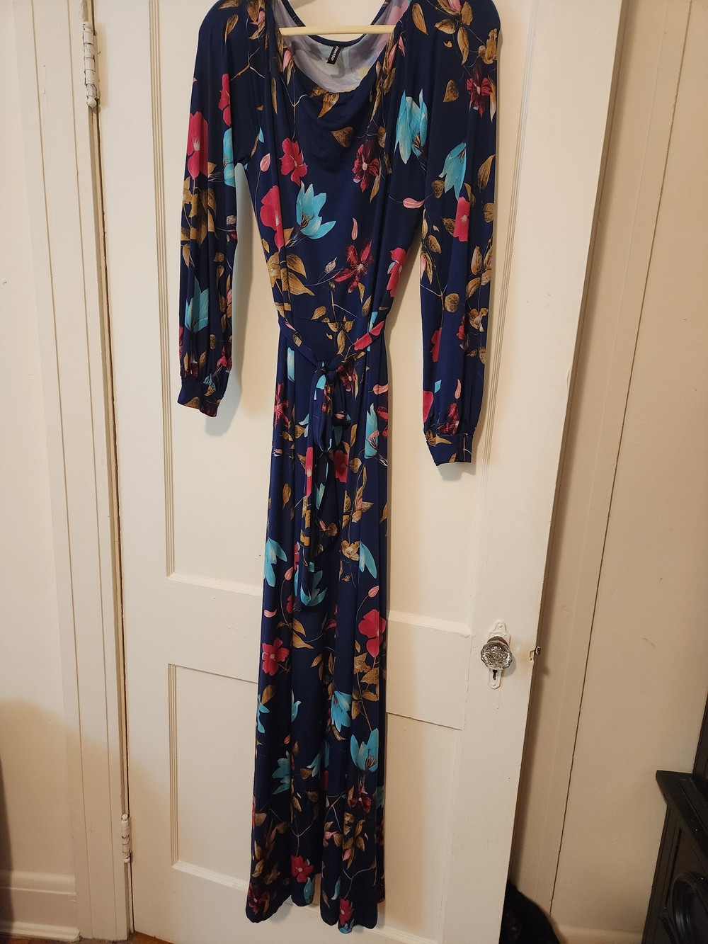 Navy Floral XL Long Sleeve Belted Maxi Dress Cowl Neck